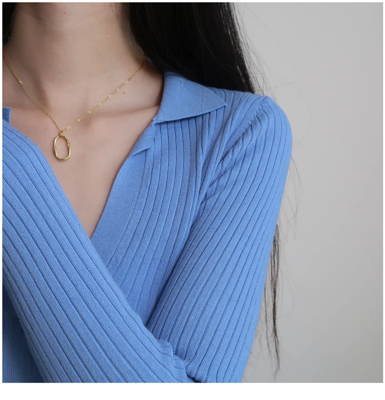 Women Sexy Polo Plunge Neck Long Sleeve Jumper In Skinny Rib Fitted Crop Knit Pullover With | Женская одежда