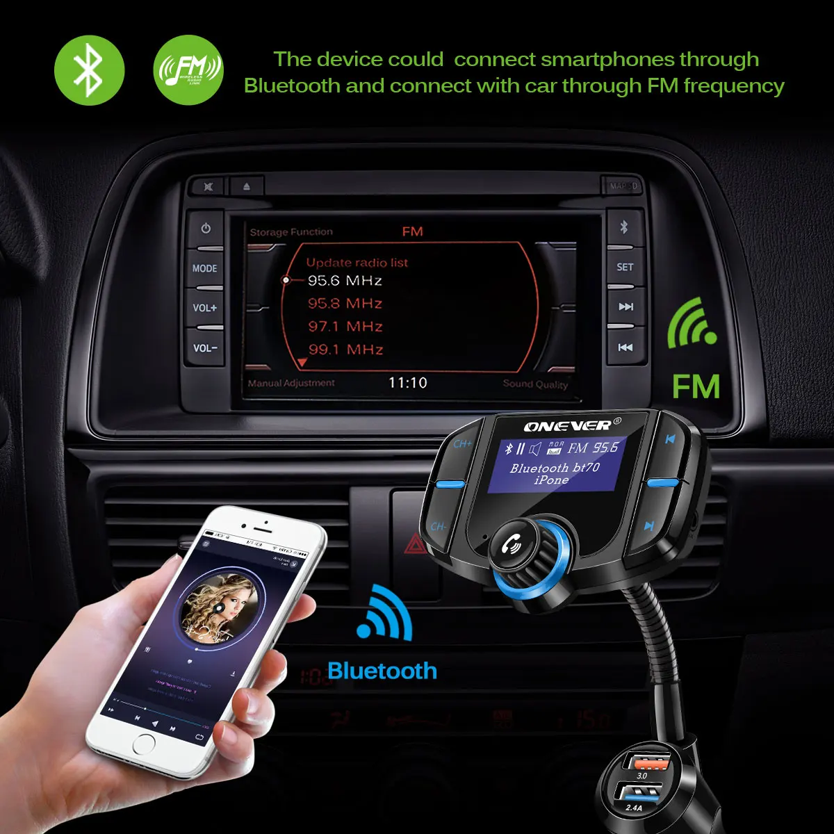 FM трансмиттер Onever QC3.0 с поддержкой Bluetooth и 2 портами 1 65 дюйма|FM-трансмиттеры| |