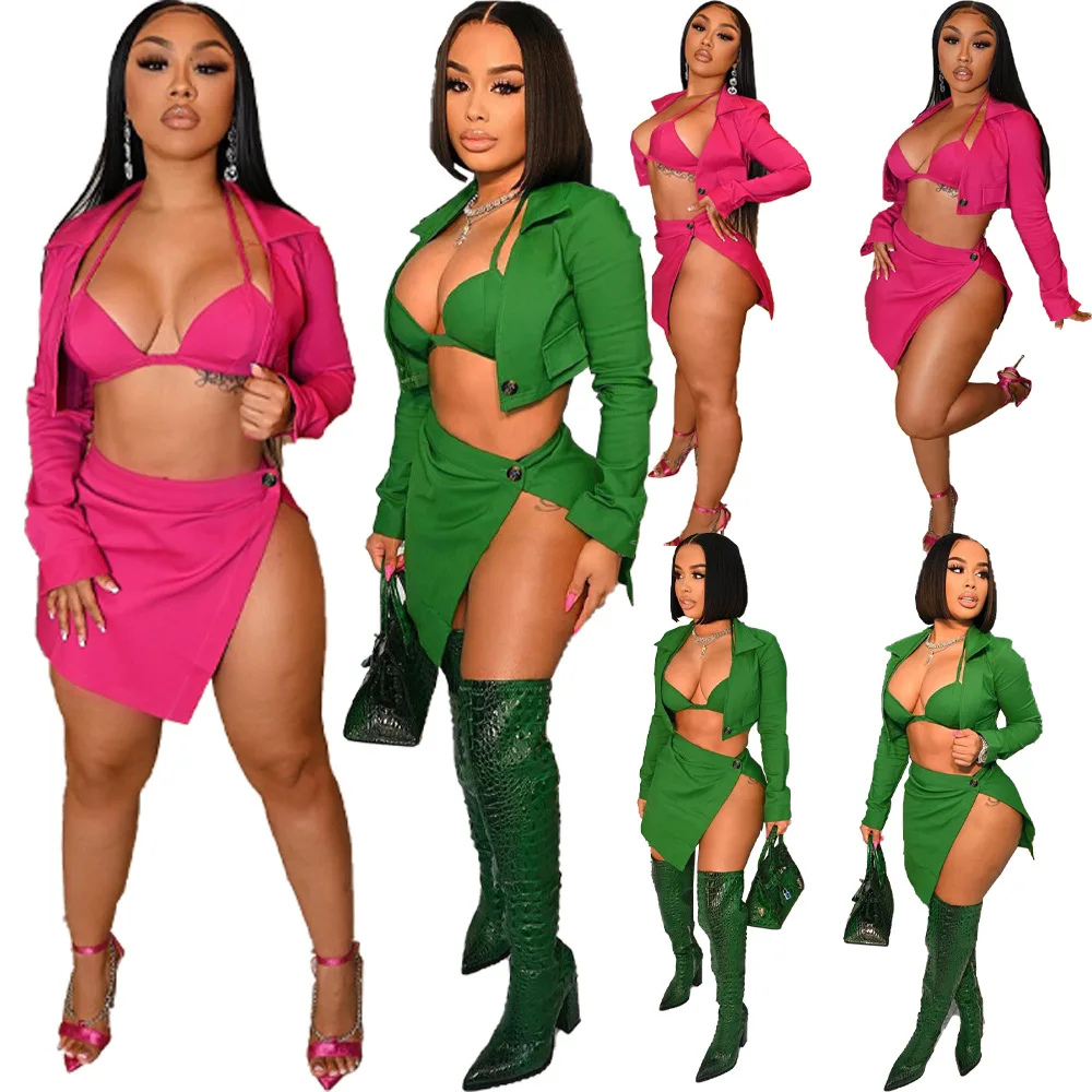 

Sexy Party Dress Suit Women's Button Up Tops + Bra + Button Side Mini Skirts Solid Color Matching Two 2 Piece Set Outfits