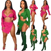 sexy party dress suit womens button up tops bra button side mini skirts solid color matching two 2 piece set outfits