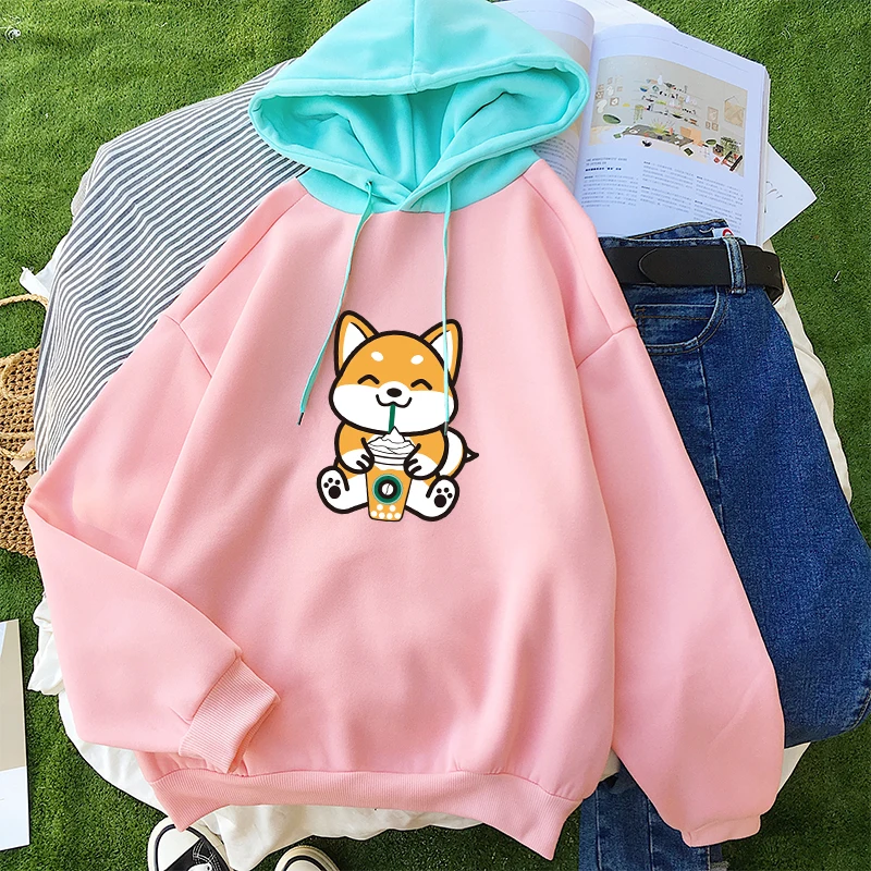

Shiba Hoodies Women Autumn New Arrival Sweatshirt Casual Streetwear Harajuku Kawaii Cartoon Print Pullover Fleece Hit Color Tops