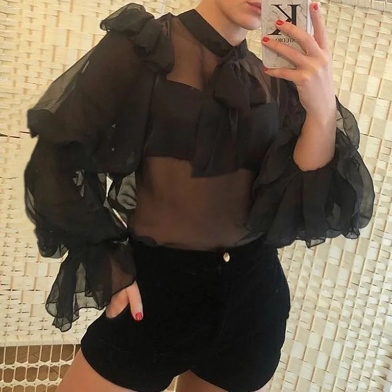 Модная рубашка с длинными рукавами-фонариками и бантом Осенняя шифоновая блузка