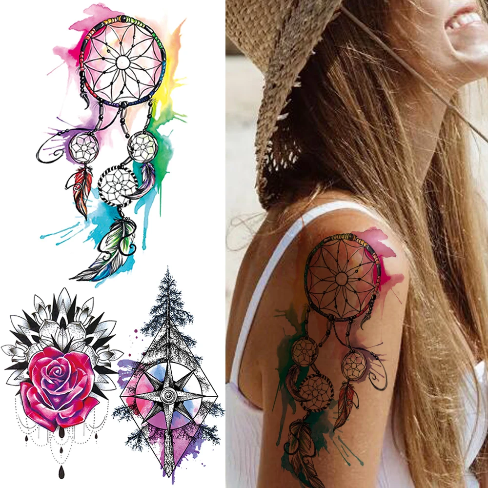 

Watercolor Dreamcatcher Temporary Tattoo For Kids Women Girls Rose Flower Tattoos Stickers Pine Tree Compass Tatoos Body Art Arm