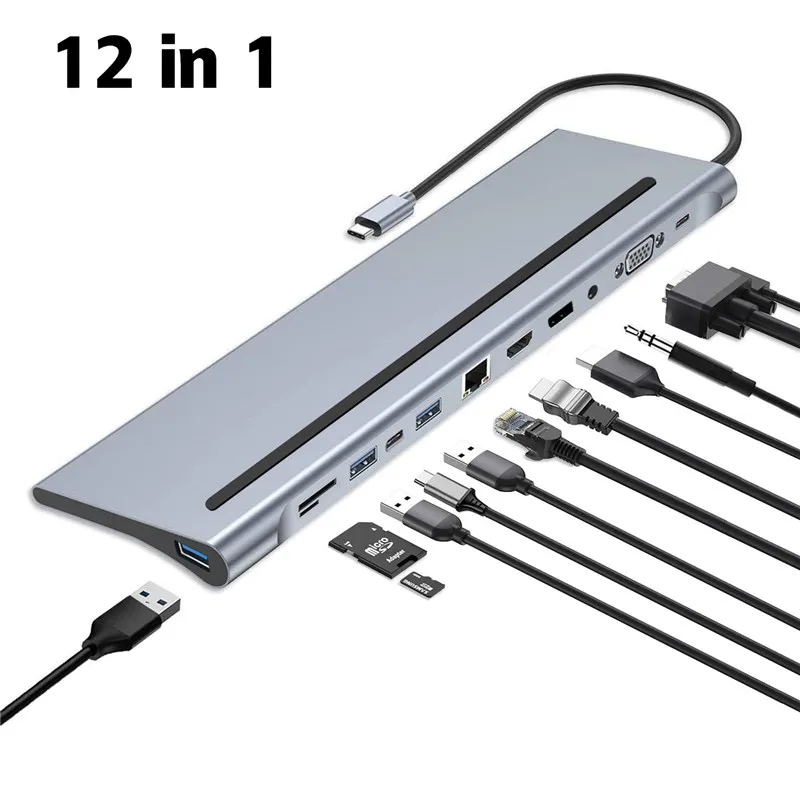 

12 In 1 MST Triple Display Hub Docking Station Aluminum Alloy USB-C Adapter 4K DP HD Display 1080P VGA RJ45 Memory Card Readers