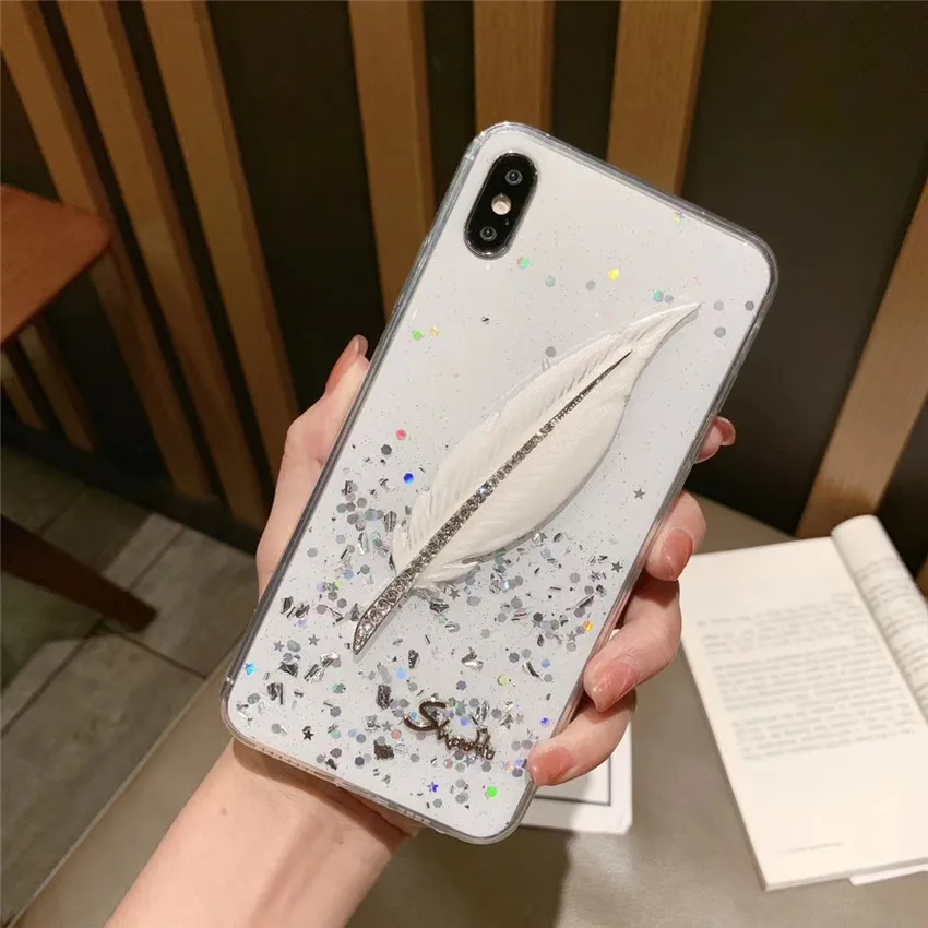Чехол для телефона с блестками и перьями iPhone 7 6s 6 8 plus X Xr Xs Max задняя крышка