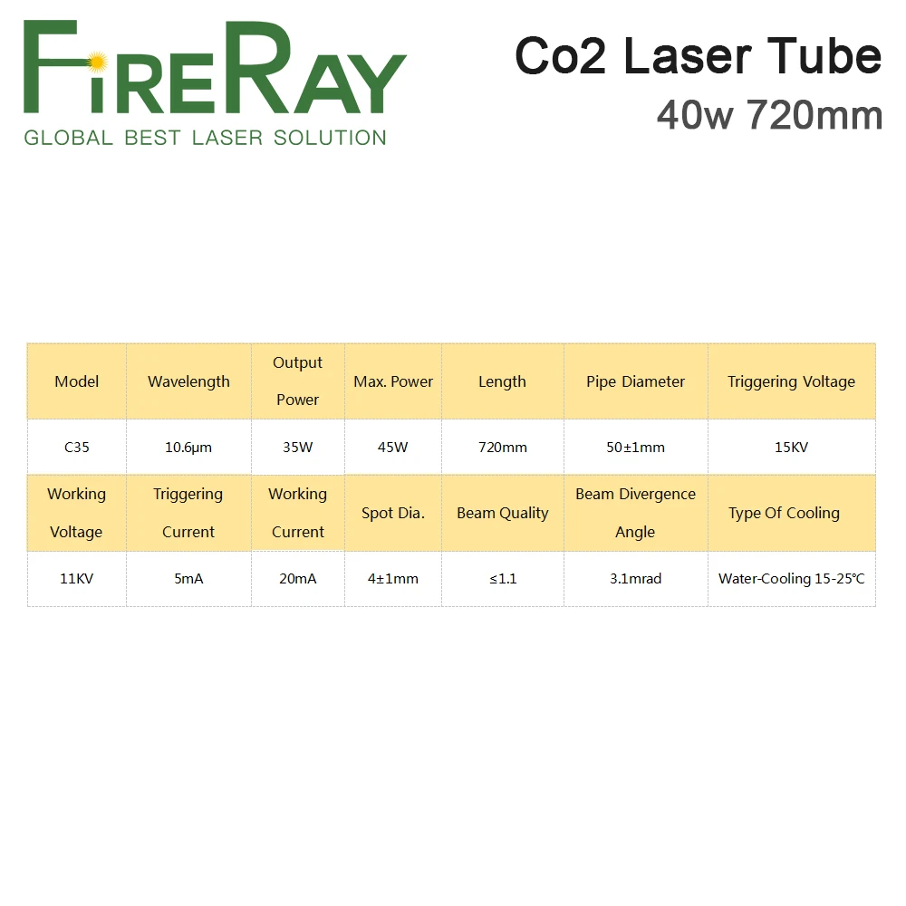 Лазерная Co2 трубка Fireray 40 Вт Модернизированная металлическая головка длиной 720 мм