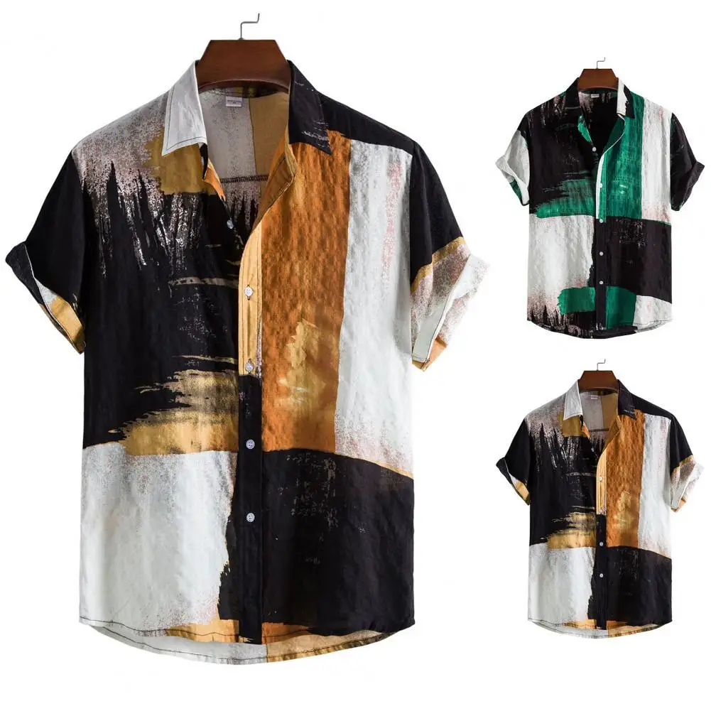 

Short Sleeve Men Shirt Turn-down Collar Casual Patchwork Print Loose Hawaiian Shirt Beachwear