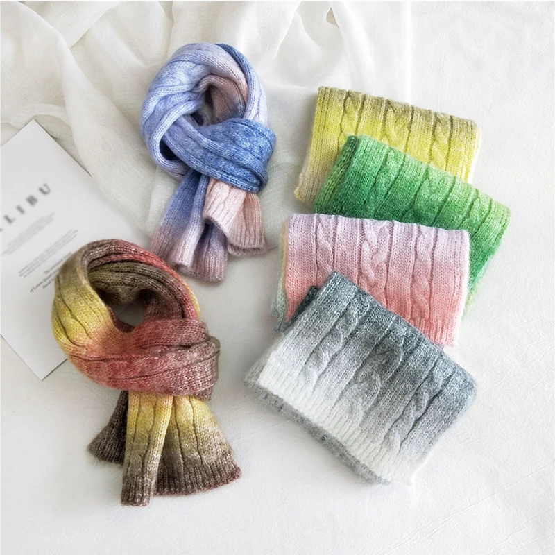 

Soft Patchwork Shawls Wraps Winter Thicken Warm Candy Color Tie-dye Sweet Knitted Wool Scarf Women Double-sided Scarves