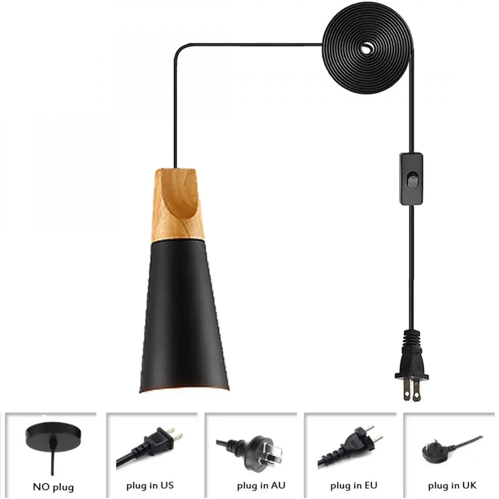 

Simplicity Modern Plug In Pendant Light Black Adjustable Mini Cone Hanging Light Fixtures Nordic Wood Metal Pendant Lamp