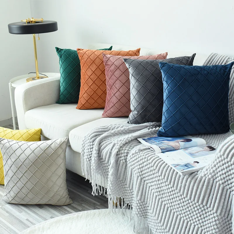 

Solid Color Cushion 43*43cm Cushion Velvet Small Square Lattice Pillowcase Side Zipper Velvet Pillows For Living Room Cushion