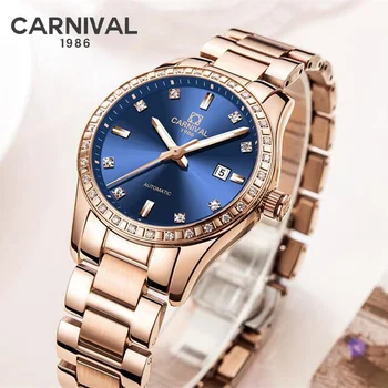 Watch For Women CARNIVAL Top Brand Luxury Diamond Automatic Mechanical Wrist Watch Rose Gold Steel Relogio Feminino 2023