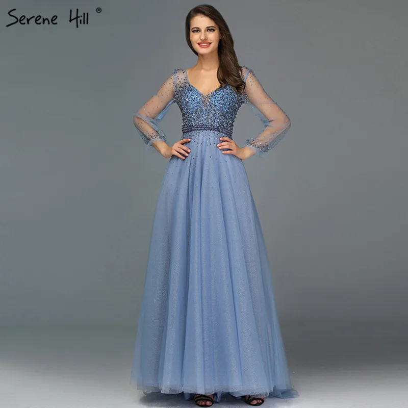Синее вечернее платье трапециевидной формы с длинными рукавами Дизайн 2021 года