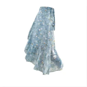 Женская шифоновая юбка, элегантная ассиметричная юбка с цветочным принтом, с оборками, для отдыха, для пляжа, лето, размера плюс, L-8XL