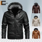 Модные мужские зимние кожаные куртки с капюшоном, приталенные флисовые Мотоциклетные Куртки из искусственной кожи, мужские утепленные байкерские пальто на молнии, новинка 2022, 5XL