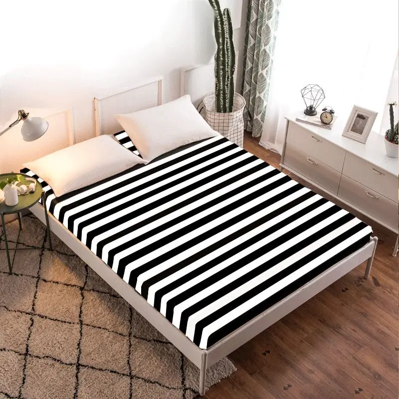 

1pc Black & White 100% Polyester Solid Fitted Sheet Mattress Cover Four Corners With Elastic Band Bed Sheet