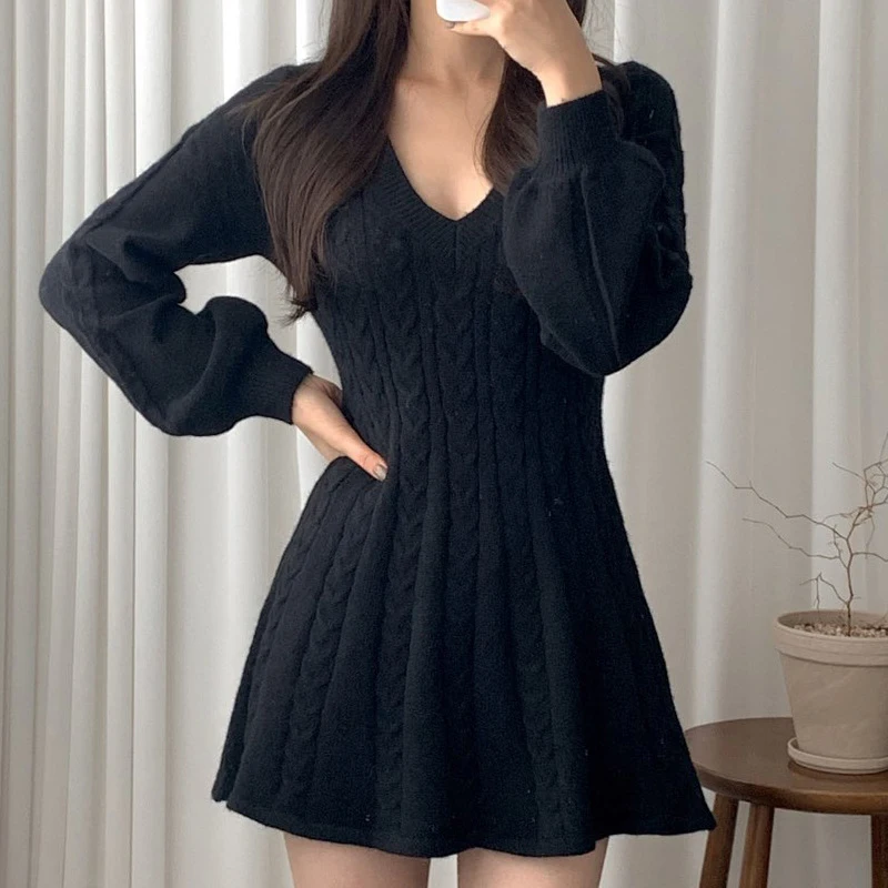 

Women’s Autumn Dress 2022 New Simple V-neck Lantern Sleeve Mini Sweater Dress Female Fashion Elegant Solid Color Knitted Dress