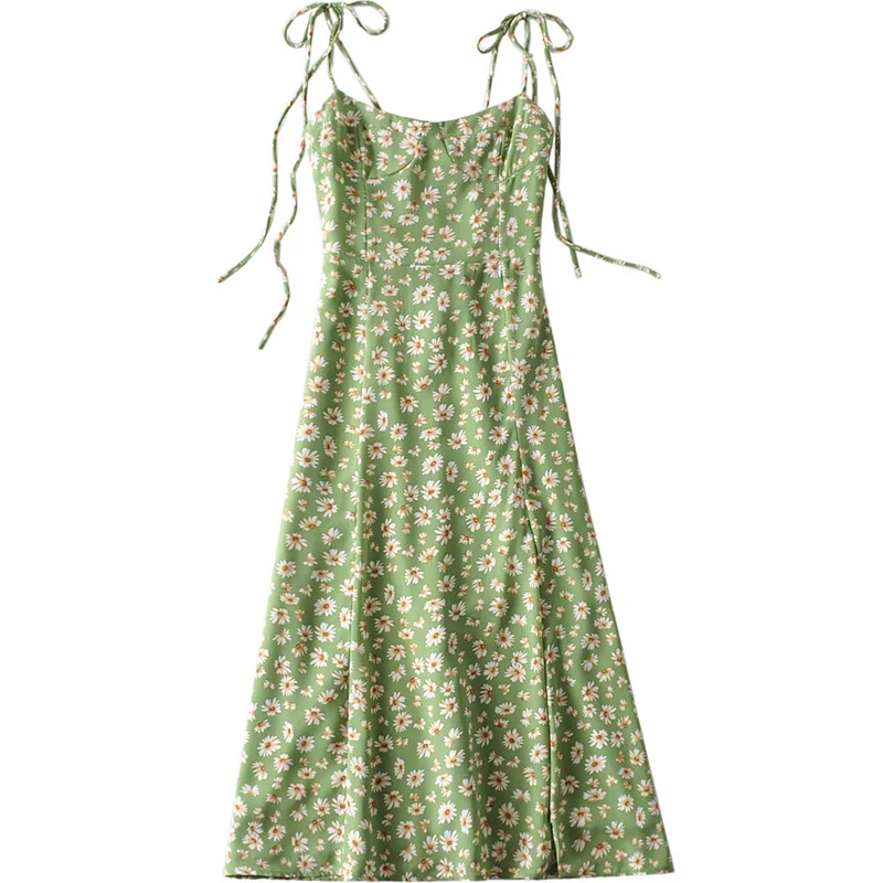 

Summer New Women's Retro Little Daisy Printed Suspender Dress Travel Holiday Style Split Dress Slim-Fit Women's Dress