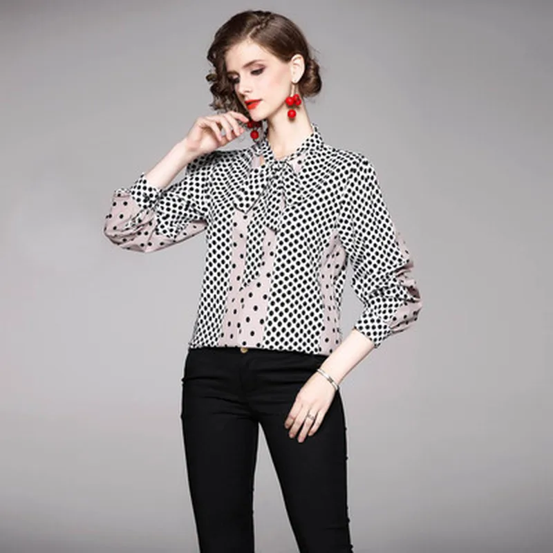 Женская винтажная блузка в горошек дизайнерская подиумная рубашка свободного