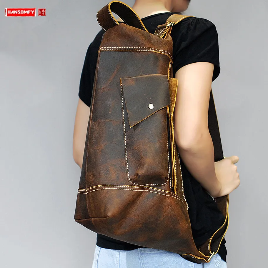 

New Genuine Leather Men's Backpack Men Shoulder Bag Multifunctional Male Travel Backpacks Vintage Crazy Horse Leather Bags