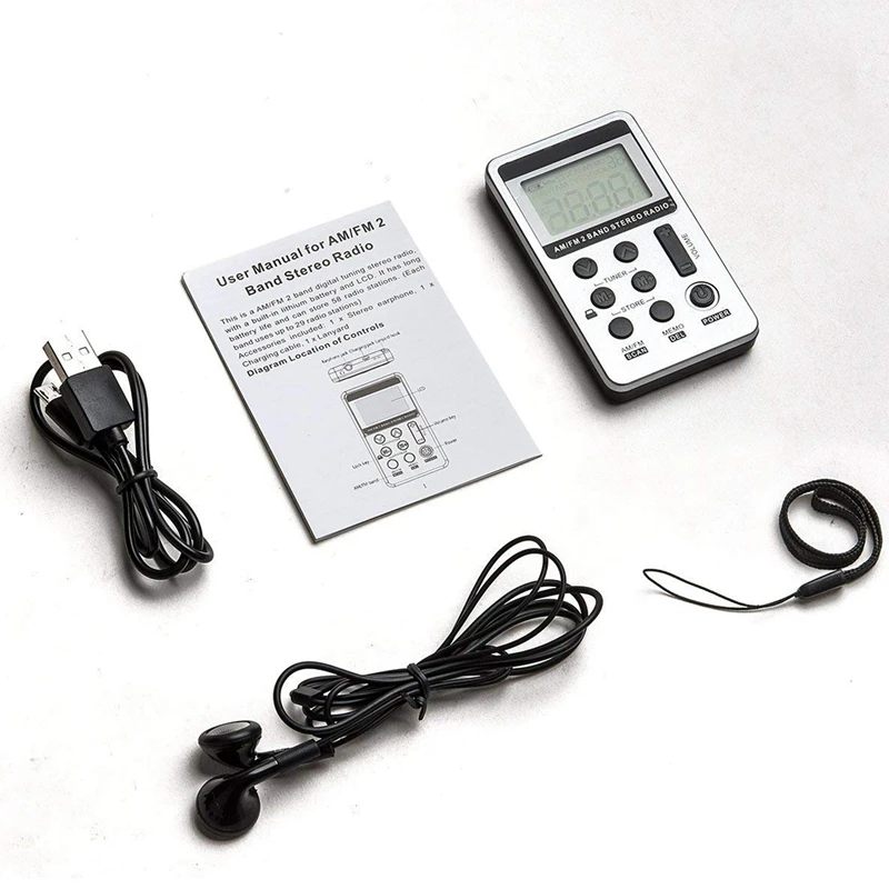 AM FM Portable Pocket Radio Mini Digital Tuning Stereo with Rechargeable Battery and Earphone for Walk/Jogging/Gym/Camping (Sil |