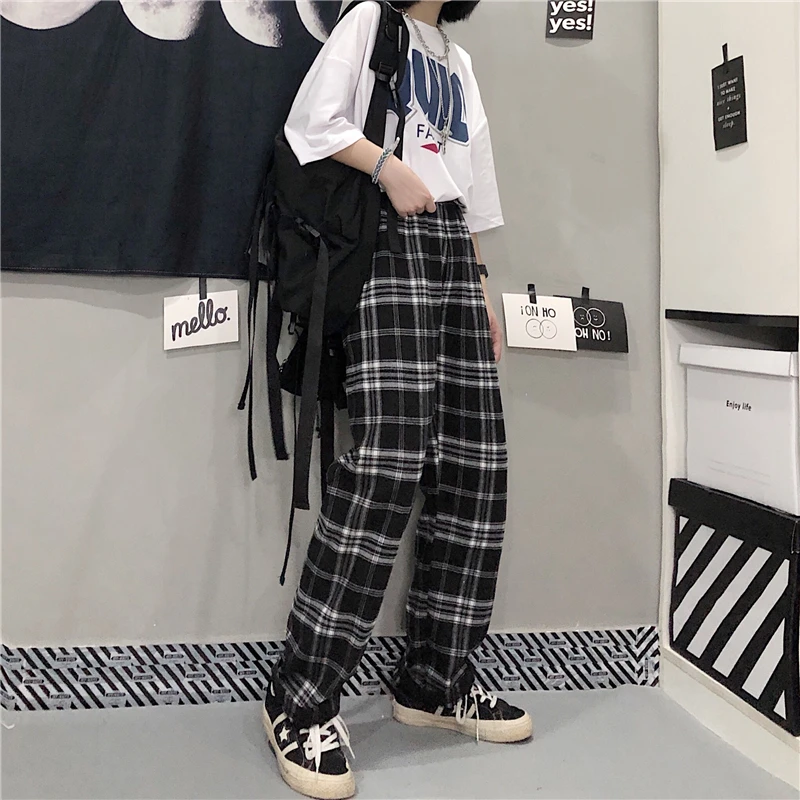 

Harajuku Casual Baggy Pants Women Plaid Pant Punk Black Vintage Korean Student Drop Shipping