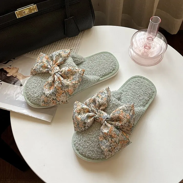 New Autumn and Winter Household Ladies Cotton Slippers Cute Bow Decoration Comfortable Slippers Female Furry Slippers Female