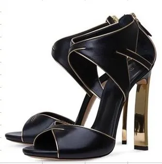 2022 Black High Heel Sandals Female Design Sexy Hollow Gold Strange Style Heel Sandals Summer Peep Toe Back Zip Shoes