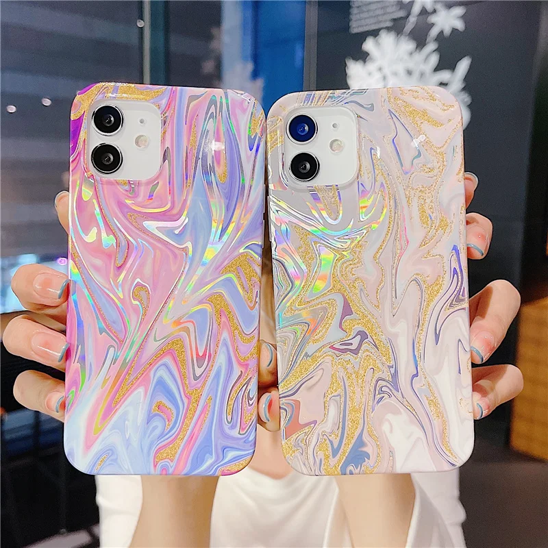 

Golden quicksand aurora laser marble Case for iphone 11 11Pro Max 12 12Pro X XR XS Max 7 8 Plus SE Shockproof back cover