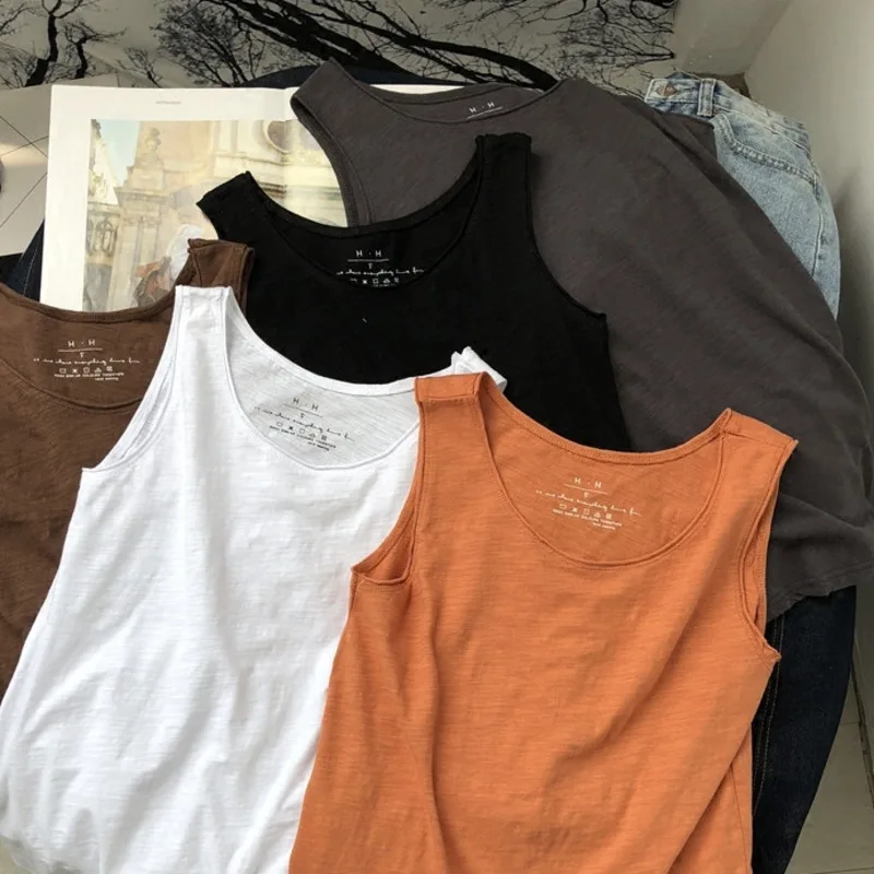 

Summer Casual Cotton Vest Camisole Women Solid O-neck White Yellow Harajuku Vest Top Camisetas Mujer Tank Tops