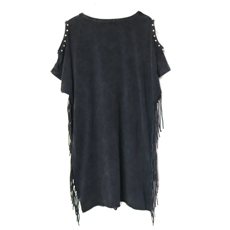 

Kalenmos Punk Women T-shirt Fashion Ripped Fringed Rivet Mid-length Personality Off-shoulder Cotton Short-sleeved Sexy Tops
