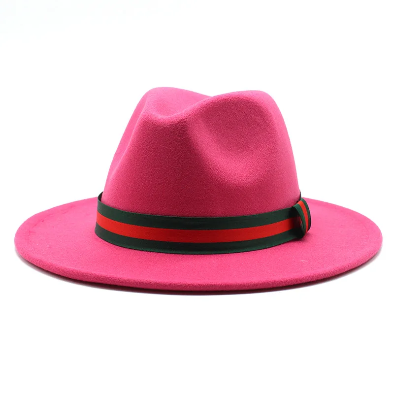 

Unisex Solid Color Belt Single Side Wool Felt Jazz Fedora Hats Elegant Men Women Wide Brim Panama Trilby Cap wholesale