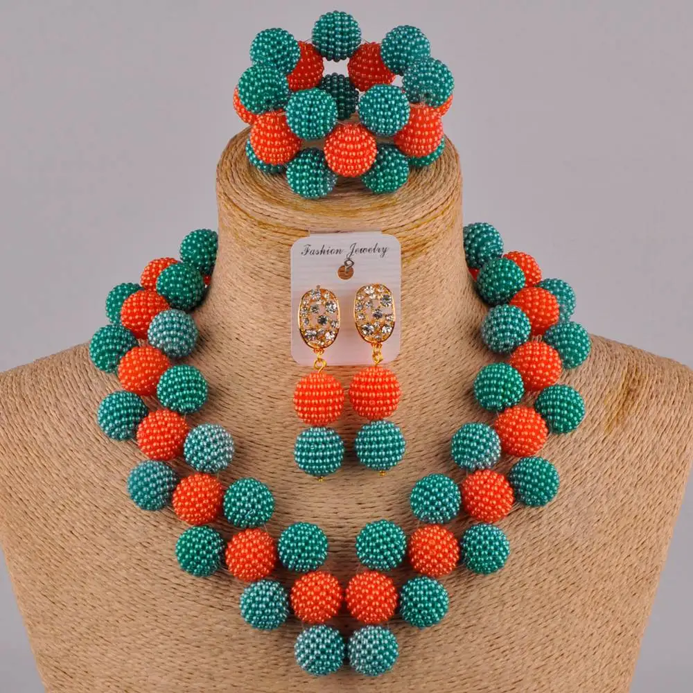 

fashionable army green and orange african jewelry set nigerian beads costume necklace set FZZ109