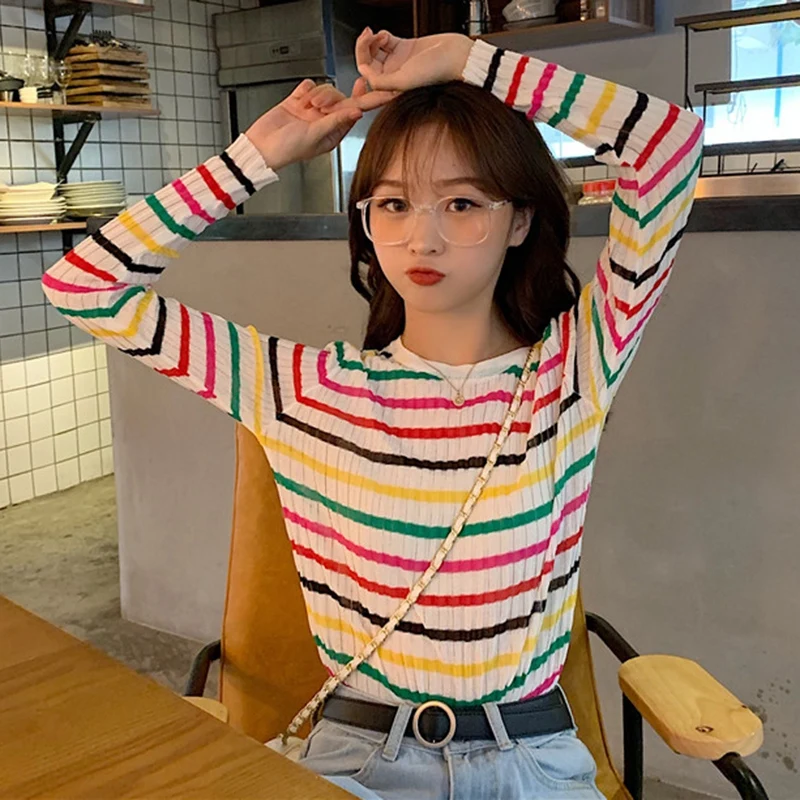 Rainbow Striped Sweater Women Autumn New Slim fit Pullover Sweaters Student Wild Knitted Jumper Top Soft Warm Female | Женская одежда