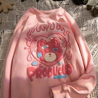 deeptown kawaii cartoon bear print pink hoodies women harajuku balck long sleeve oversize female pullover sweatshirt cute tops