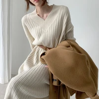 new pattern women autumn winter sexy v neck long sleeve knitted sweater dress long sleeve straight cozy pullover slim dresses