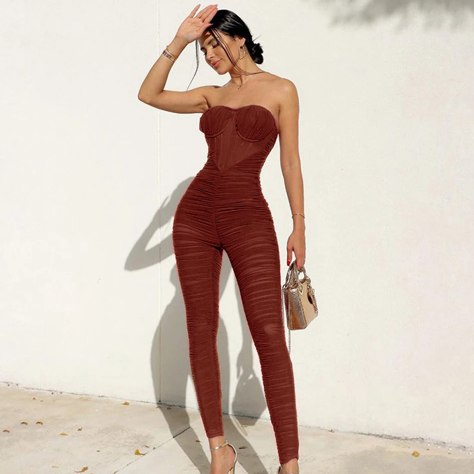 

Adyce 2021 New Summer Women Strapless Lace Jumpsuits Sexy Sleeveless & Long Pants Fashion Draped Party Outwear Rompers Jumpsuits