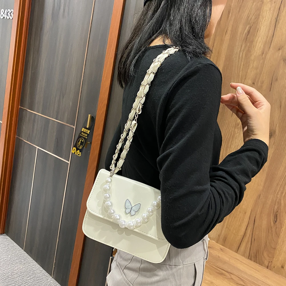 Модные однотонные сумки на плечо женские сумки-мессенджеры с жемчугом и бабочкой