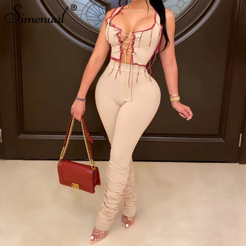 

Simenual Ribbed Lace Up Sleeveless Co-ord Sets Tank Top And Stacked Pants Fall 2021 Women Clothing Sexy Club Two Piece Outfits