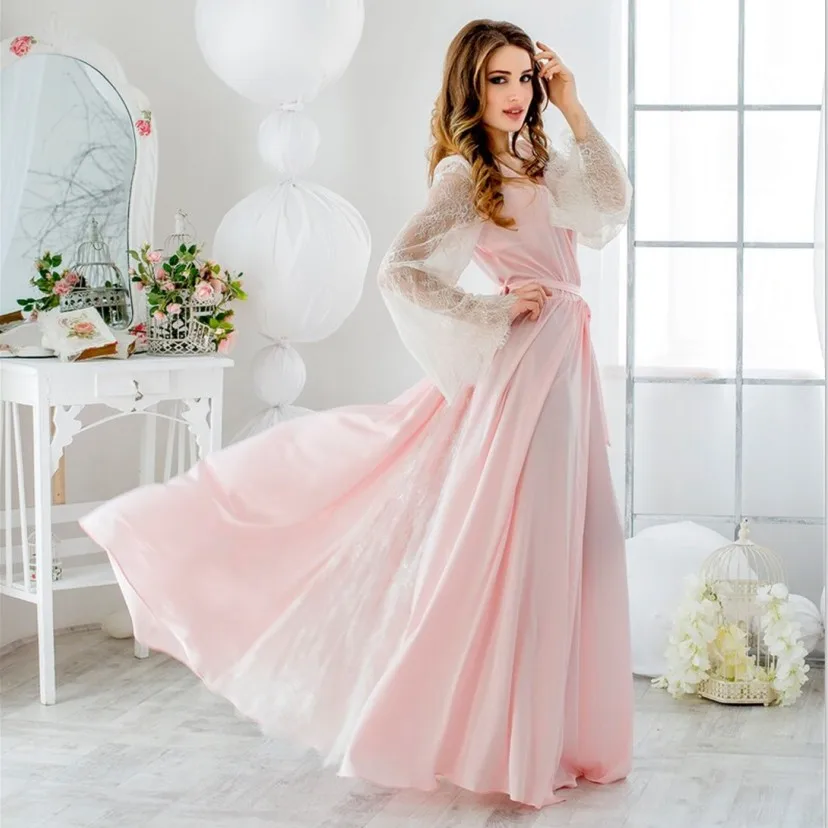 

Stunning Pink Bridal Robes Silk Women Sleepwear Honeymoon Lingerie Lace Long Sleeve Bathrobe Nightwear Babydoll Dress Boudoir