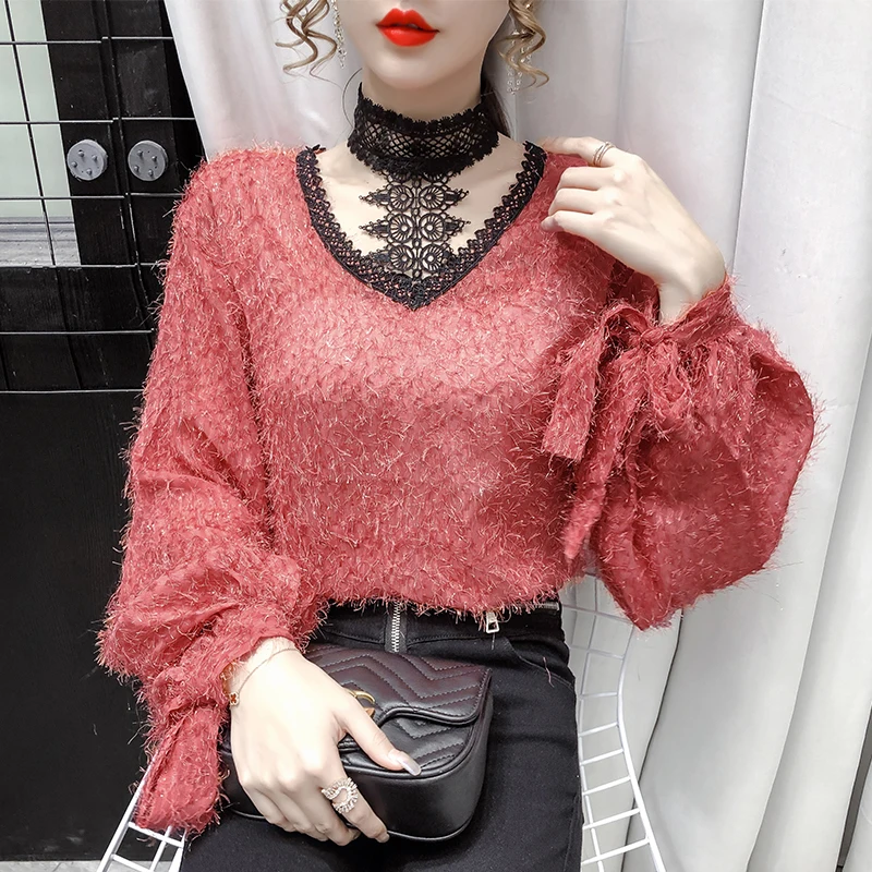 

Осенне-зимняя женская Свободная блузка с длинным рукавом, кружевная, с кисточками, повседневная, пуловер-рубашка женская, элегантная, сексу...