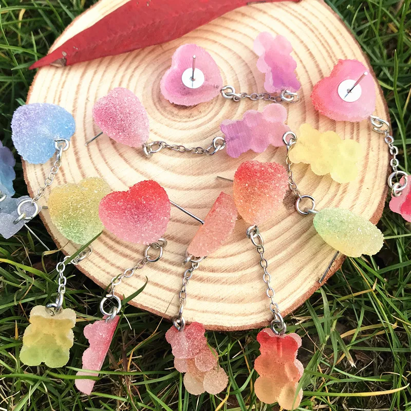 1Pair stud earring multicolours gummy heart  earring resin candy with  gummy bear Earrings Fashion Jewelry Gift