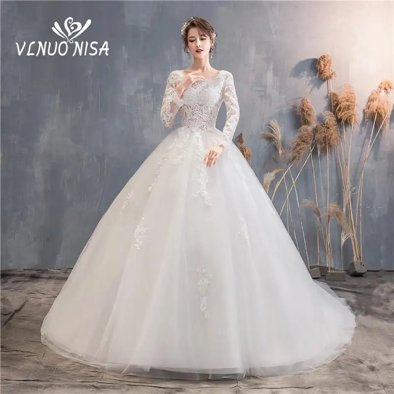 Элегантное красивое свадебное платье с длинным рукавом роскошное аппликацией