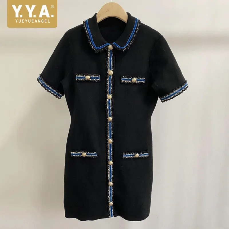 

Элегантные офисные женские твидовые трикотажное платье однобортный первоклассное платье с коротким рукавом, v-образным вырезом и завышенн...