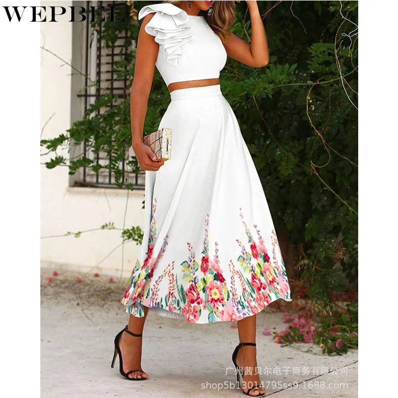 

WEPBEL Women Elegant Skirt Set Outfits Ladies Sexy Fashion Slim Fit Crop Top + High Waist Floral Print Long Skirt Two Piece Set
