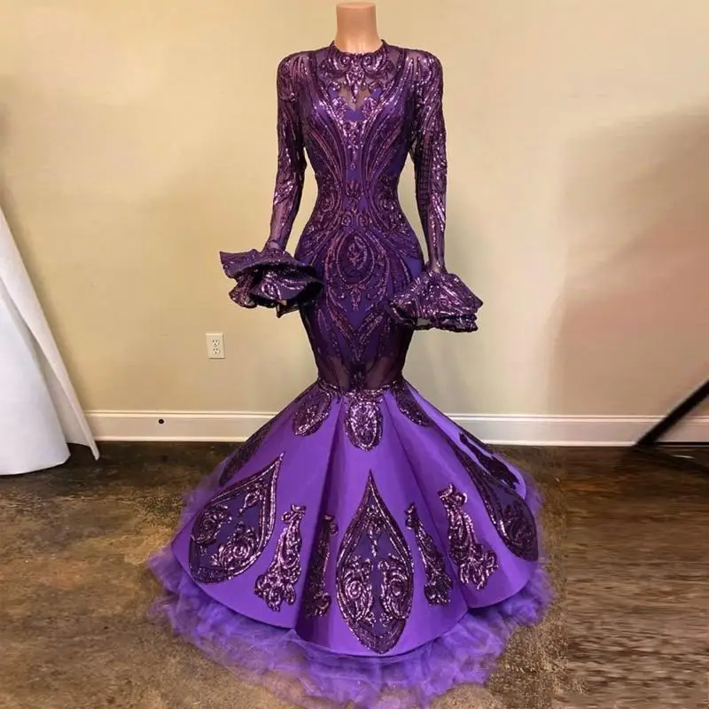 

New Fashion Purple Evening Dresses Mermaid Long Sleeves Sparkly Sequins Lace Formal Prom Dress Party Dress Vestidos