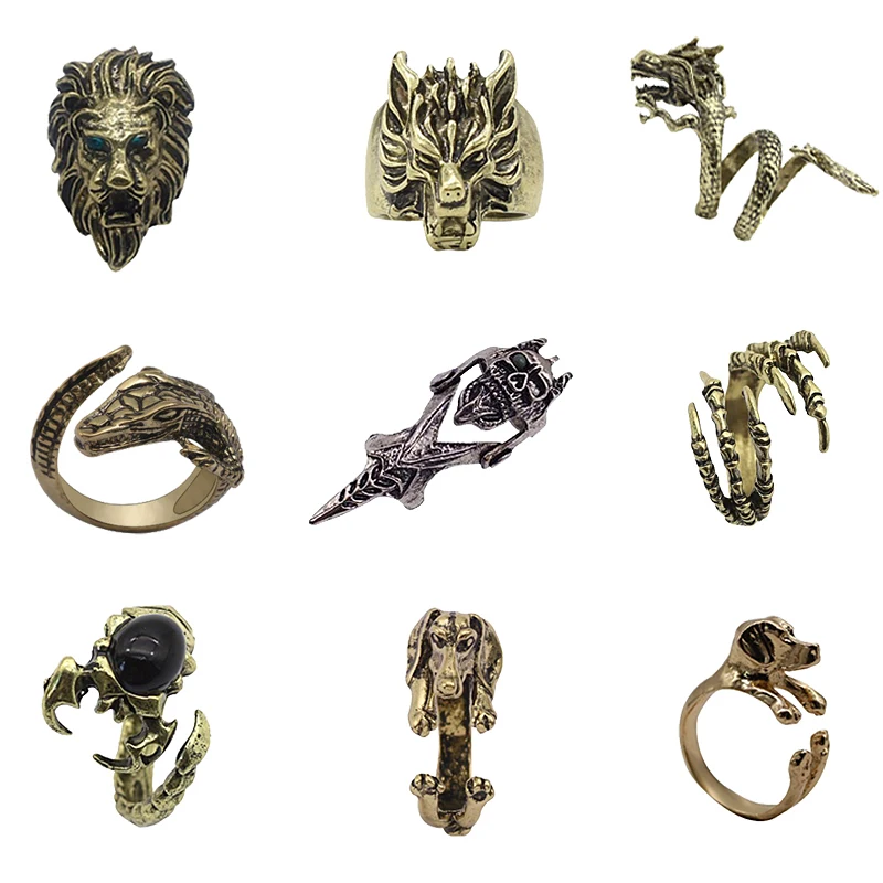 

Gothic Punk Style Bronze Animal Ring Personality Exaggerated Bird Skull Eagle Claw Dog Styling Ring Men's Gold Color Jewelry