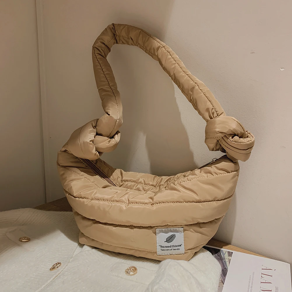 

INS Women Knotted Quilted Bag Down Cotton Space Padded Shoulder Bag Female Solid Color Hobos 2021 Large Capacity Winter Bag