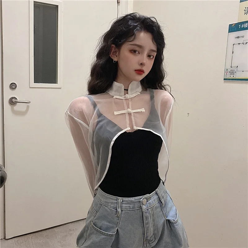 Одежда в китайском стиле Женская мода 2020 сетчатый прозрачный костюм Тан белая