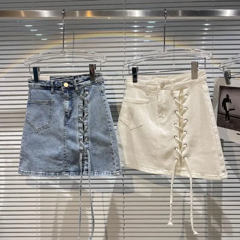 

2021 Summer New Style Side Strap Fashionable Anti-Exposure Underpants A- Line Skirt Denim Skirt for Women Mini Skirt