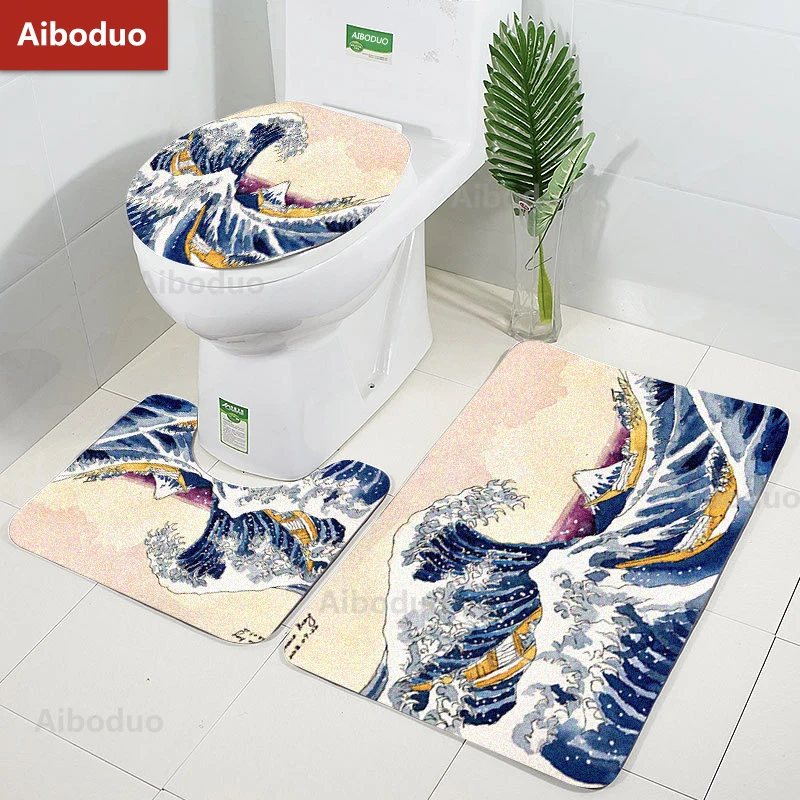 

Aiboduo Ukiyo-e Style 3pcs/set Non Slip Toilet Lid Cover Set Giant Waves Carpet High-end Home Decoration BathMat Restroom Rug